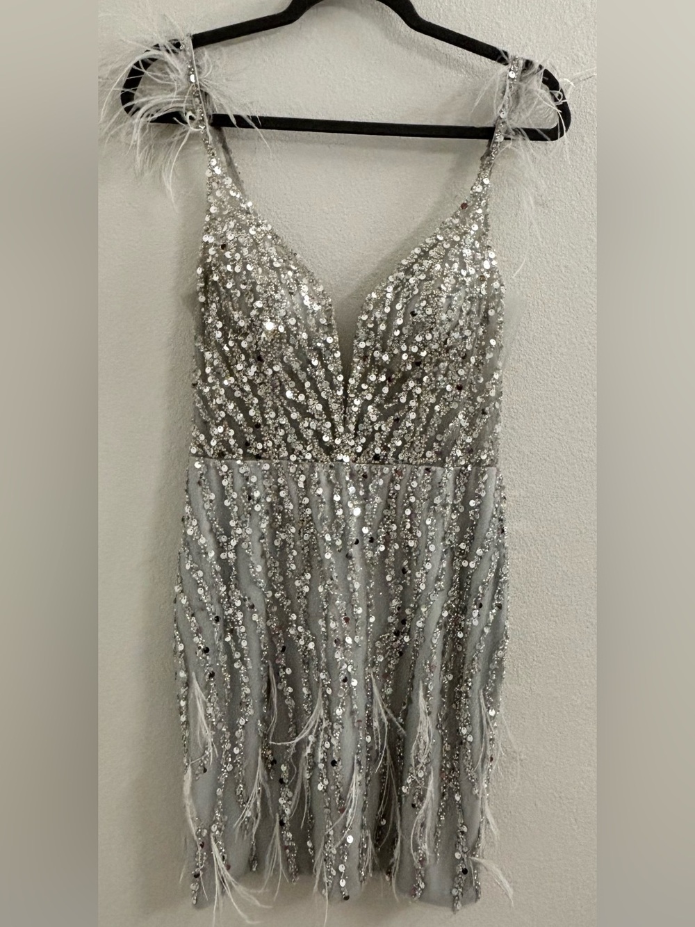 Gianni Bini GB Silver Sequin Feather Strap Mini Dress